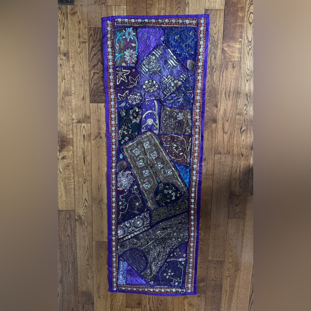 Handcrafted Purple and Gold Tapestry Wall Hanging/ decorative table runner.19x58